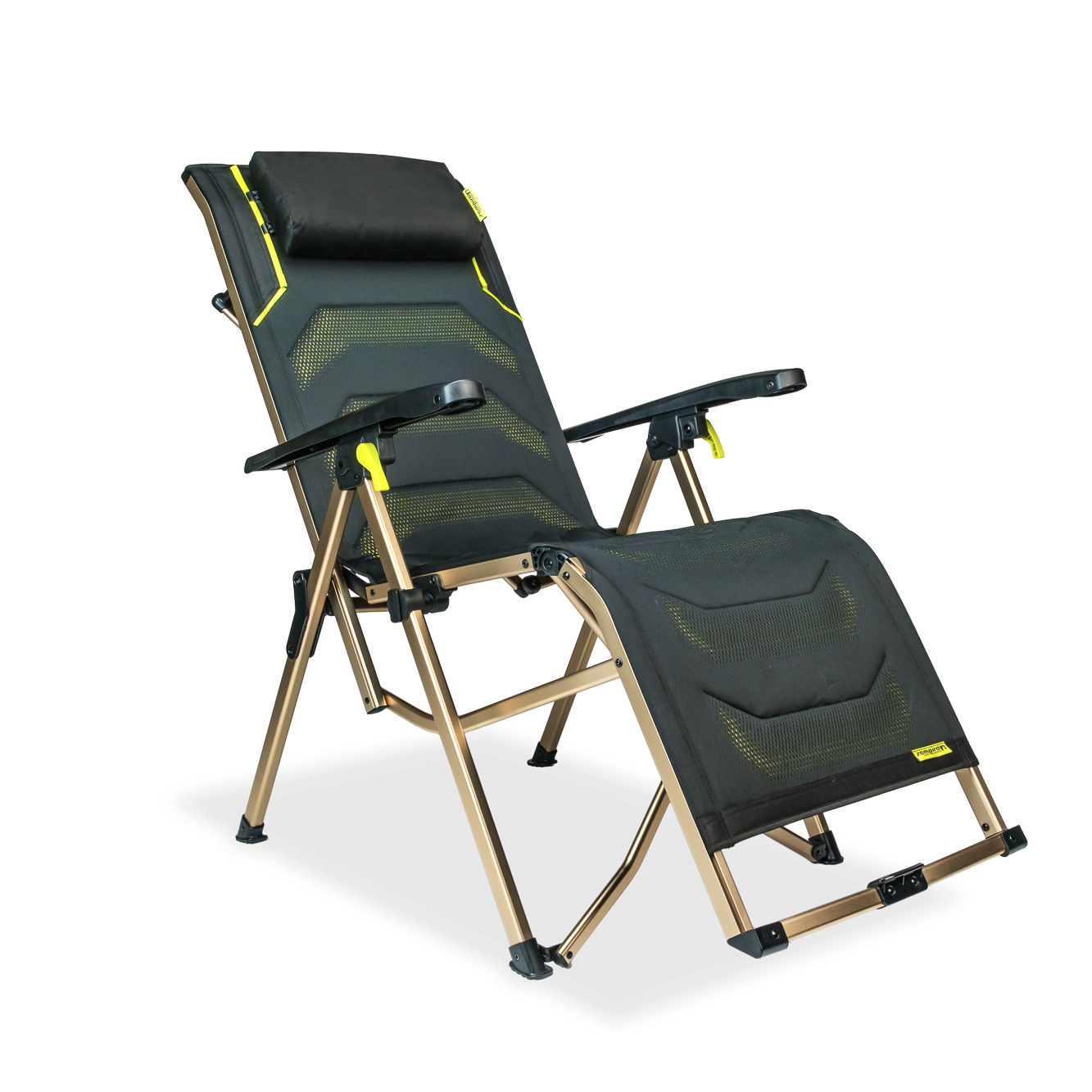 Foldable camping chair with reclining feature on a white background