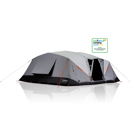 Gray camping tent with a logo on a white background